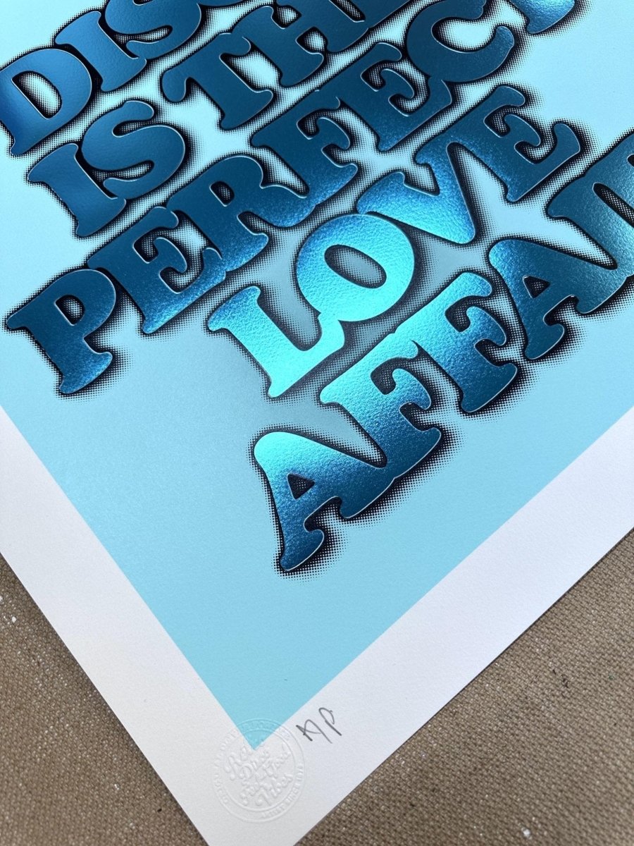 3-colour screenprint, yellow and cyan blue, bold retro disco typography, edition of 60, white paper