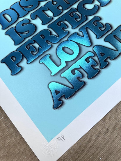 3-colour screenprint, yellow and cyan blue, bold retro disco typography, edition of 60, white paper
