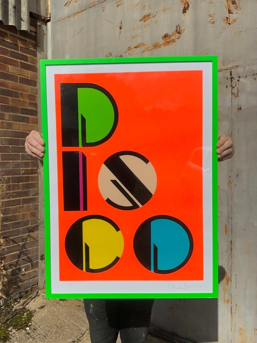 7-colour screenprint, orange, lime, pink, beige, yellow, turquoise, bold geometric DISCO design, edition of 25