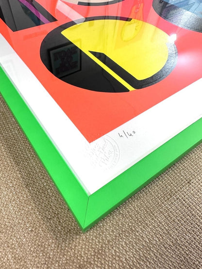 7-colour screenprint, orange, lime, pink, beige, yellow, turquoise, bold geometric DISCO design, edition of 25