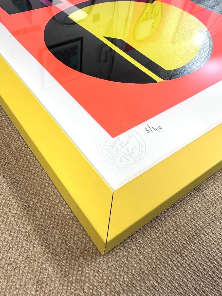 7-colour screenprint, orange, lime, pink, beige, yellow, turquoise, bold geometric DISCO design, edition of 25