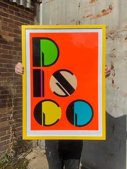 7-colour screenprint, orange, lime, pink, beige, yellow, turquoise, bold geometric DISCO design, edition of 25