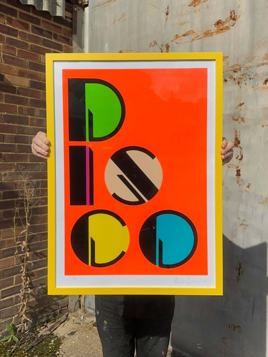 7-colour screenprint, orange, lime, pink, beige, yellow, turquoise, bold geometric DISCO design, edition of 25