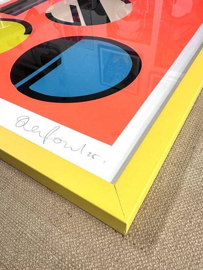 7-colour screenprint, orange, lime, pink, beige, yellow, turquoise, bold geometric DISCO design, edition of 25