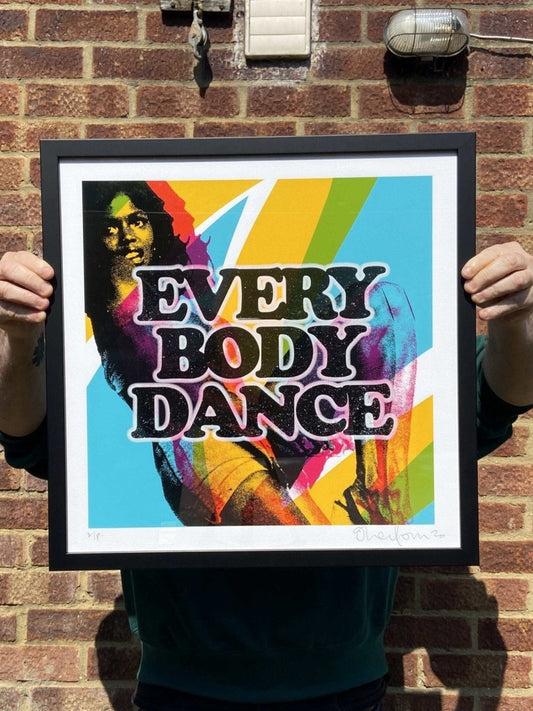 8-colour screenprint, rainbow stripes black halftone dancer, 'Everybody Dance' text, edition of 40, white stock