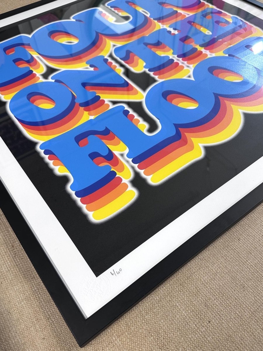 6-colour screenprint, electric blue and rainbow on black, retro 70s disco bubble lettering