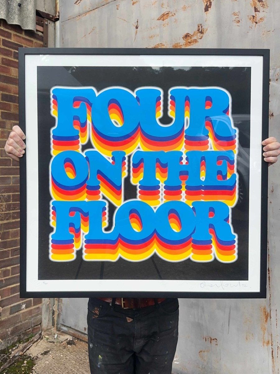 6-colour screenprint, electric blue and rainbow on black, retro 70s disco bubble lettering