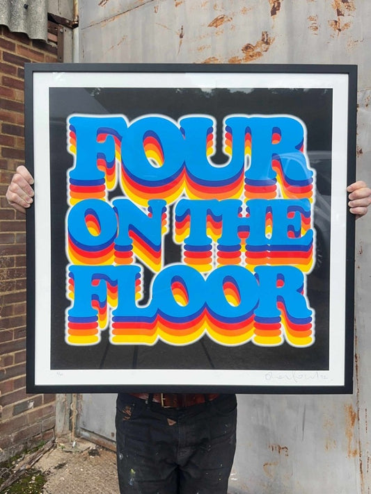 6-colour screenprint, electric blue and rainbow on black, retro 70s disco bubble lettering