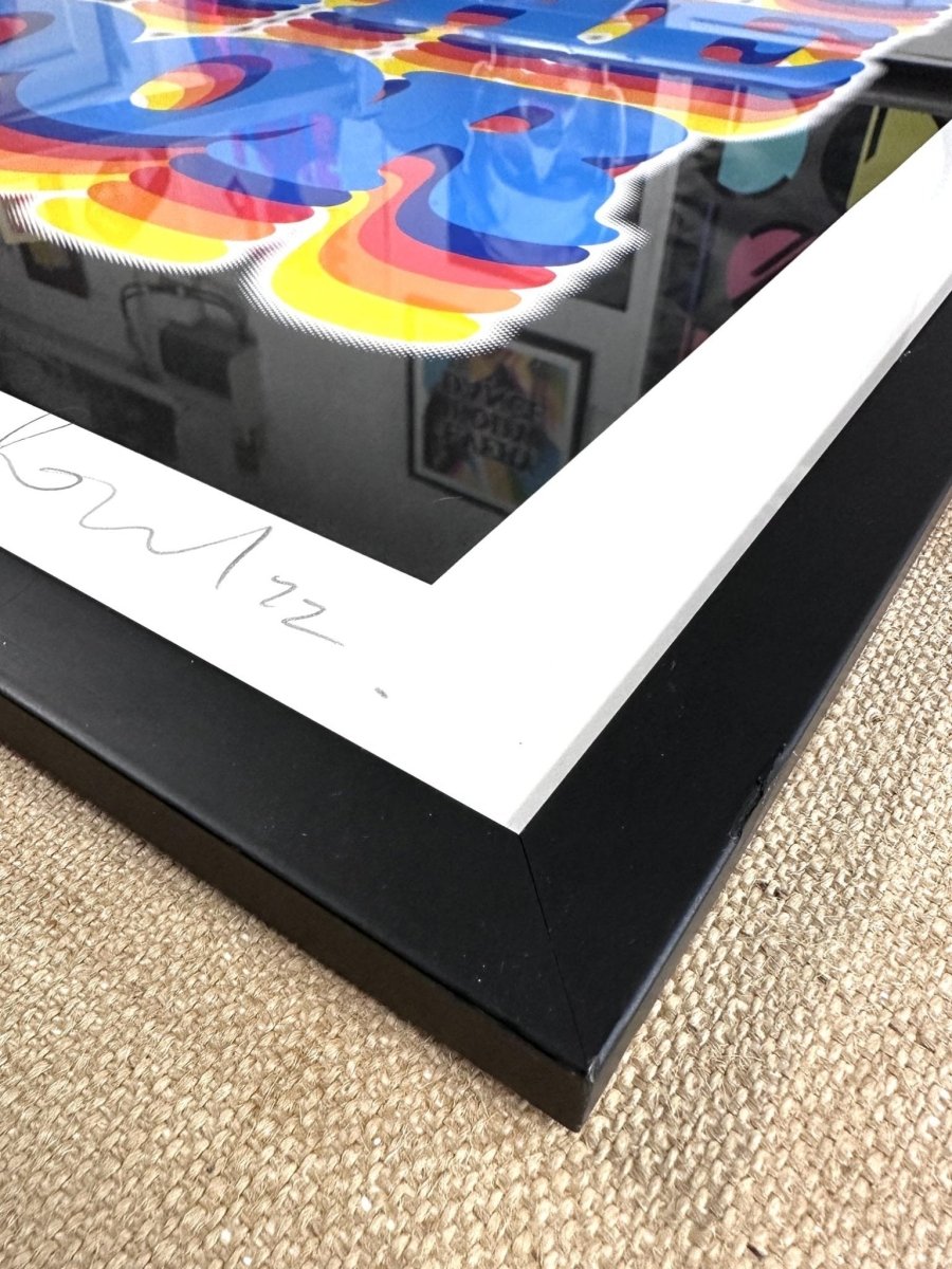 6-colour screenprint, electric blue and rainbow on black, retro 70s disco bubble lettering