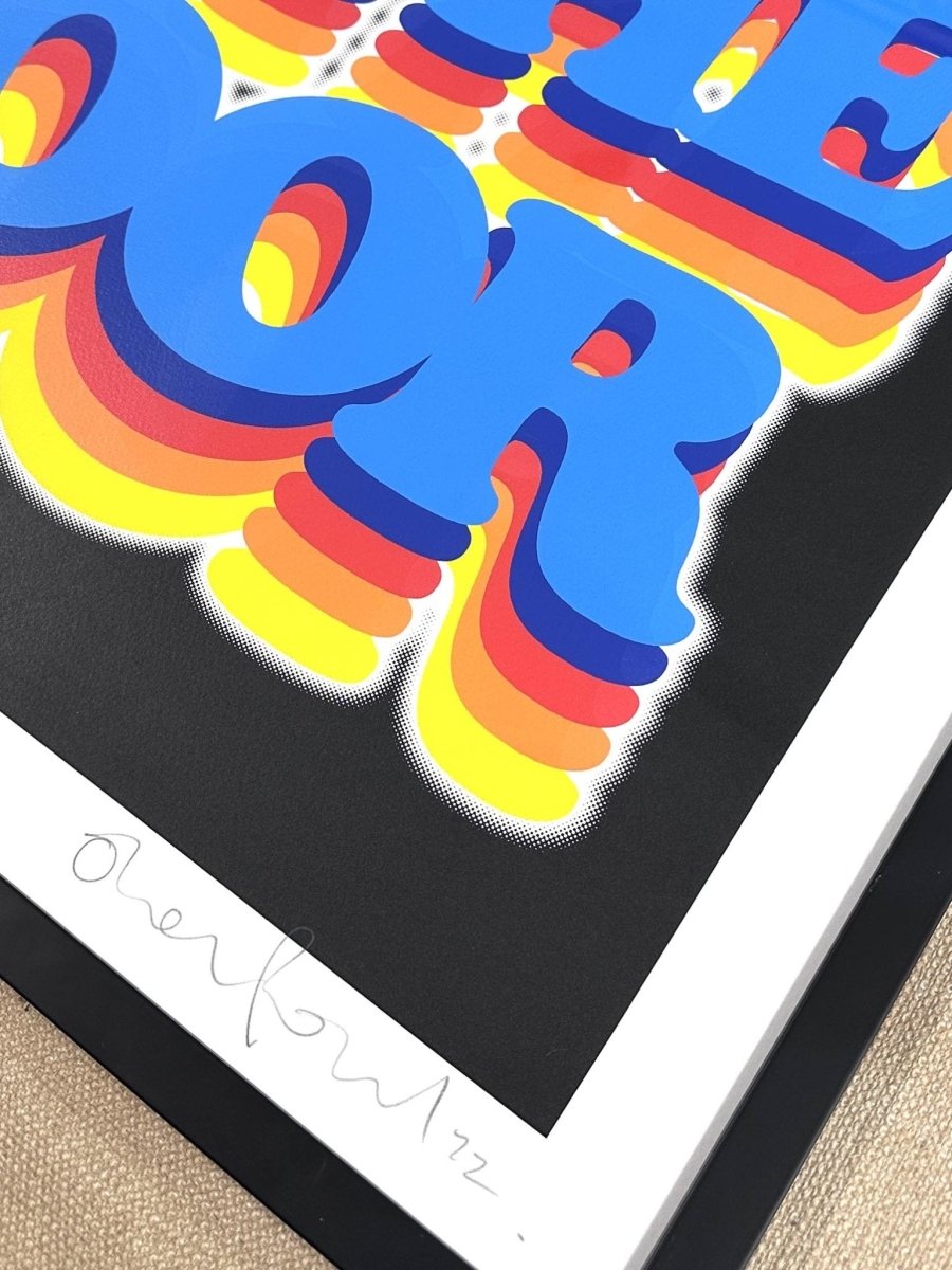6-colour screenprint, electric blue and rainbow on black, retro 70s disco bubble lettering