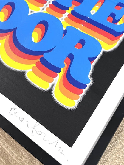 6-colour screenprint, electric blue and rainbow on black, retro 70s disco bubble lettering
