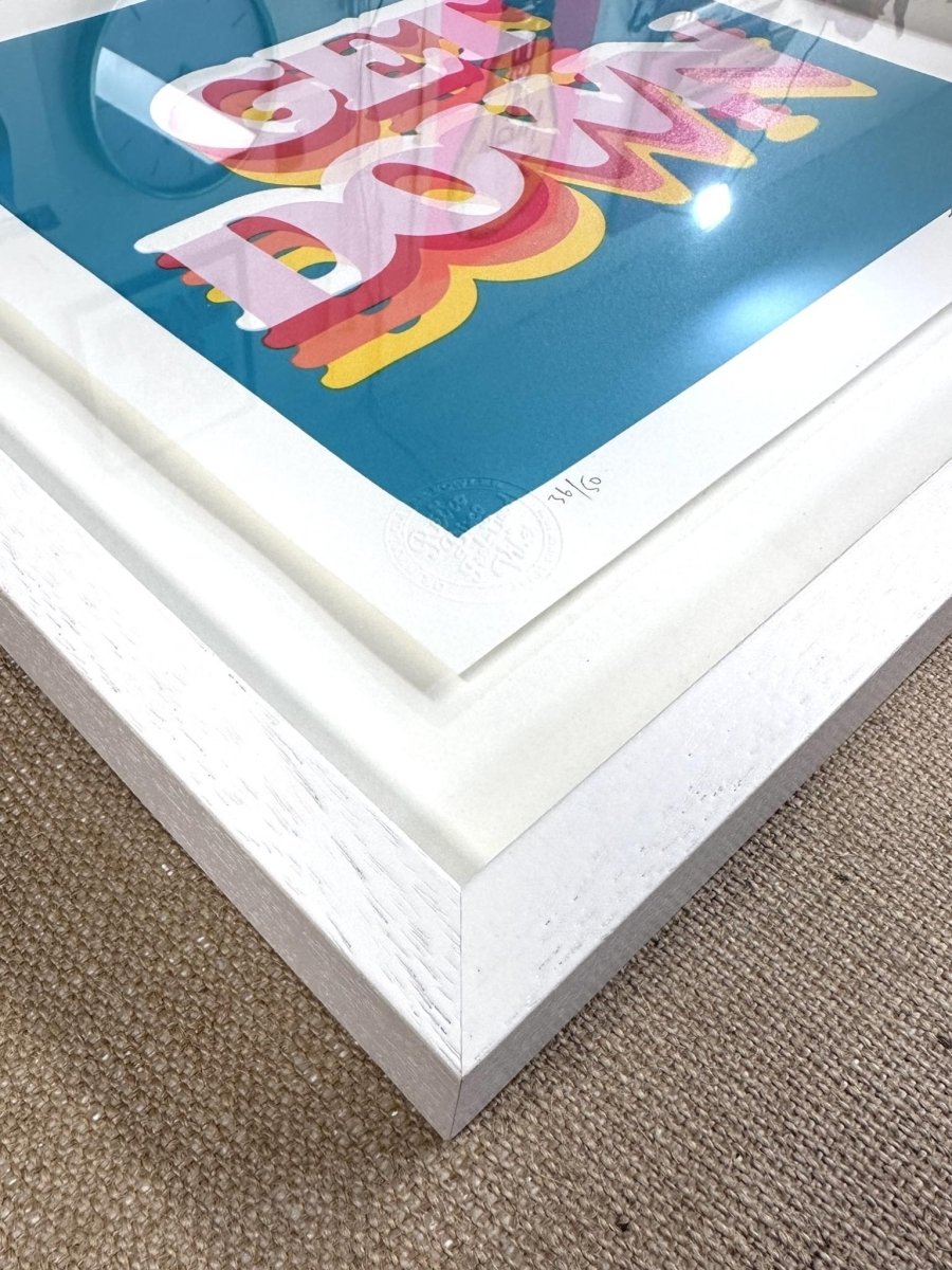 6-colour screenprint, turquoise, pink, red, orange, yellow, retro 'Get Down' typography, edition of 60