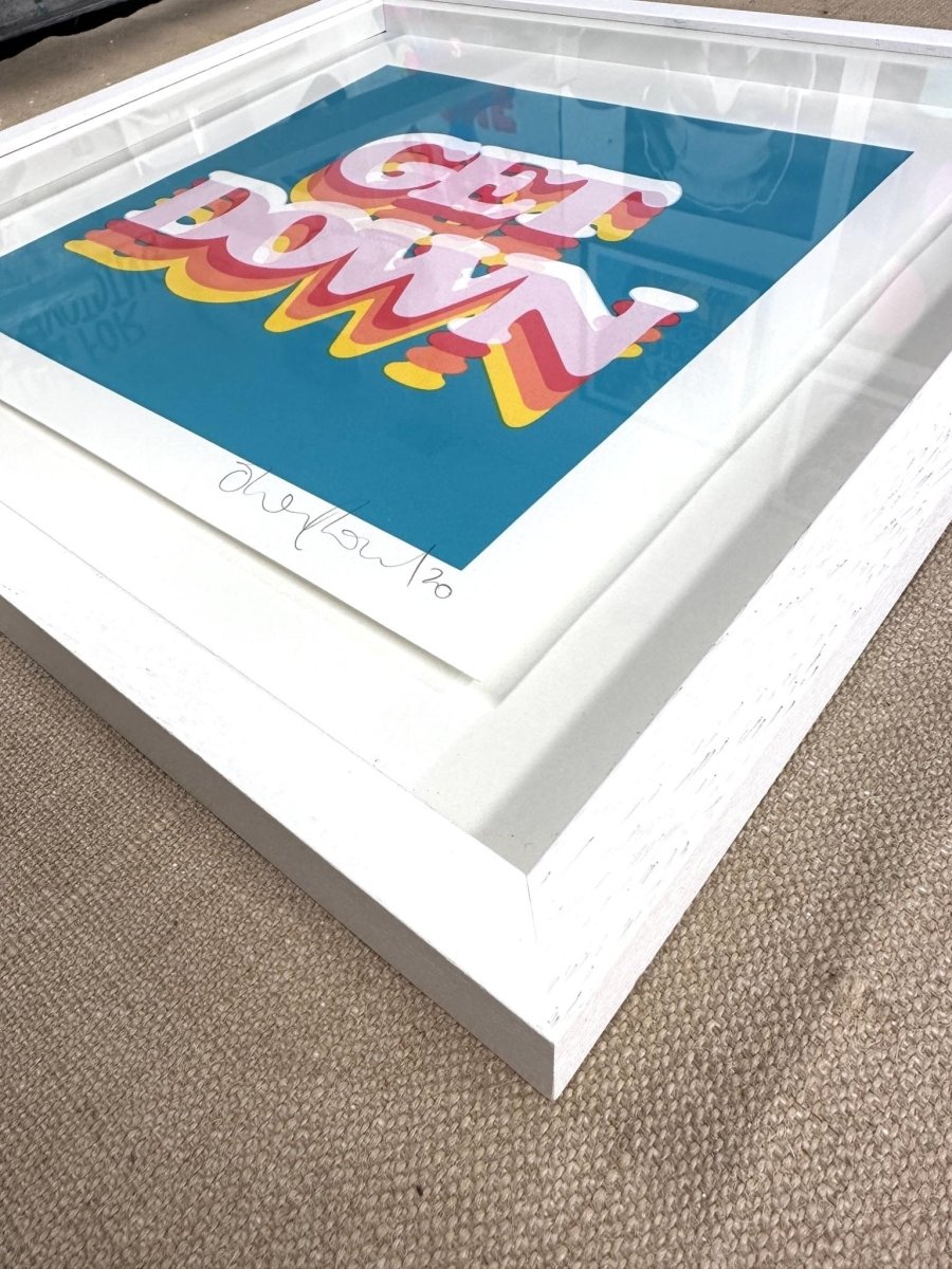 6-colour screenprint, turquoise, pink, red, orange, yellow, retro 'Get Down' typography, edition of 60