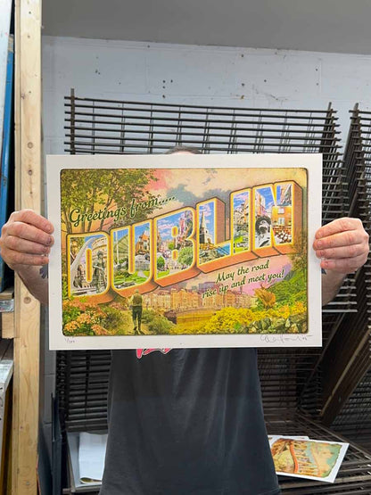 4-colour screenprint, warm peach and moss green, vintage Dublin postcard style, edition of 100, 350gsm Cairn recycled