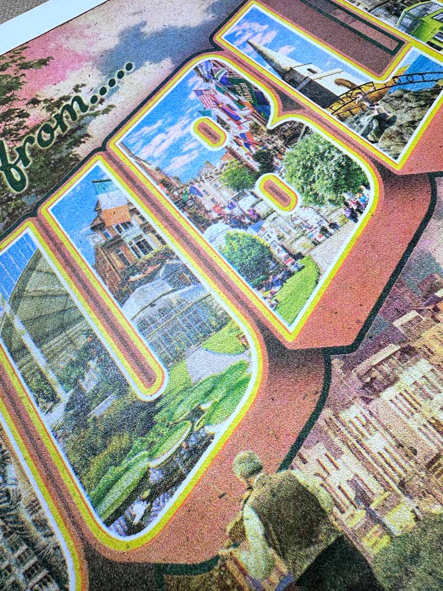 4-colour screenprint, warm peach and moss green, vintage Dublin postcard style, edition of 100, 350gsm Cairn recycled
