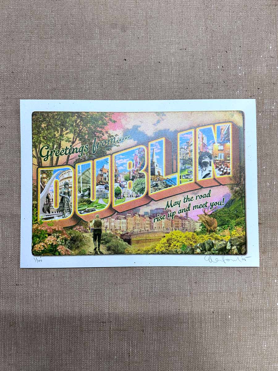 4-colour screenprint, warm peach and moss green, vintage Dublin postcard style, edition of 100, 350gsm Cairn recycled
