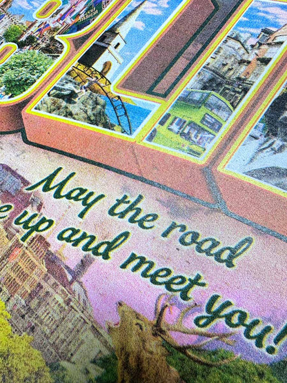 4-colour screenprint, warm peach and moss green, vintage Dublin postcard style, edition of 100, 350gsm Cairn recycled