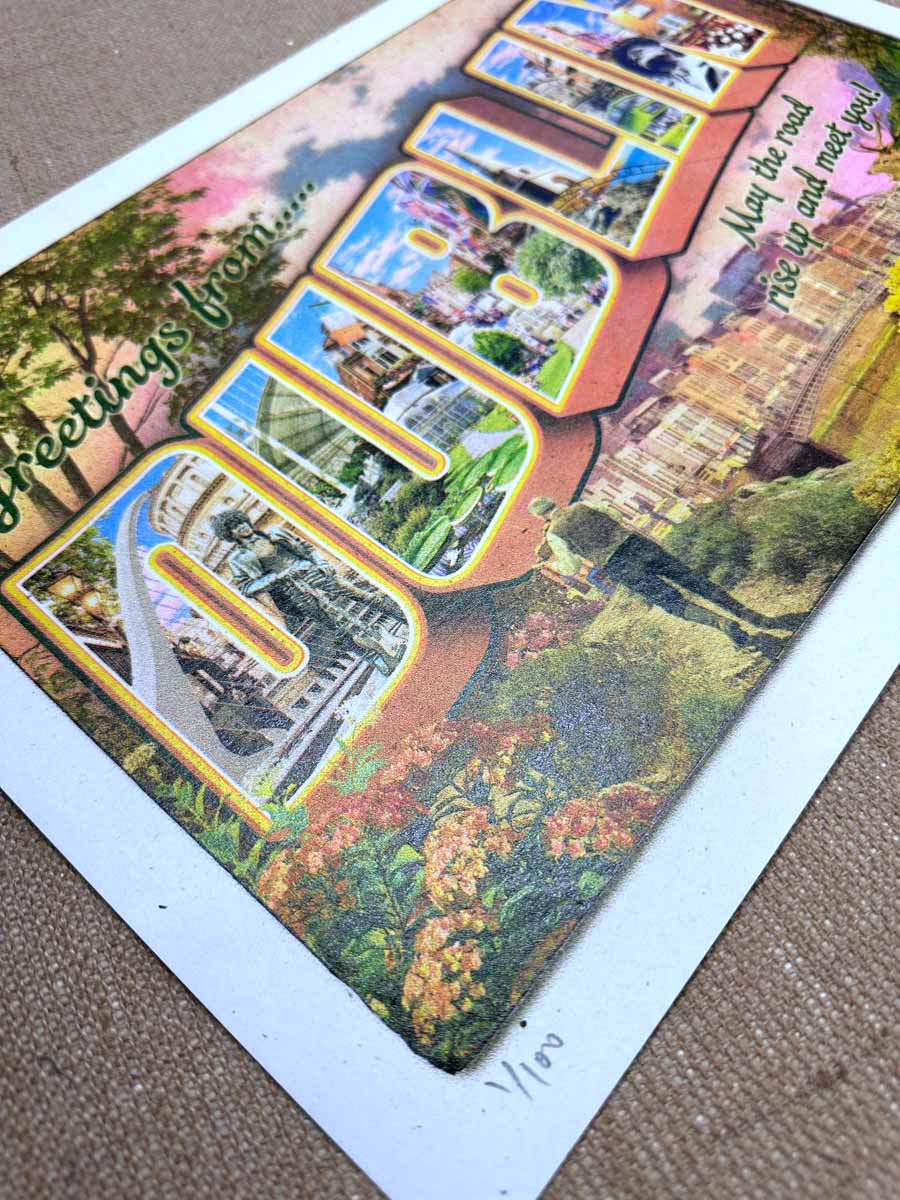 4-colour screenprint, warm peach and moss green, vintage Dublin postcard style, edition of 100, 350gsm Cairn recycled