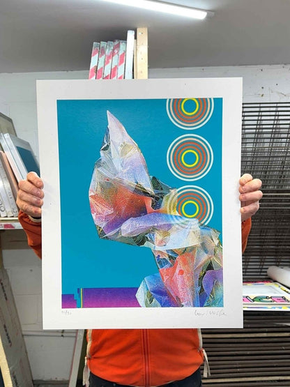 5-colour screenprint, copper and cyan blues, abstract geometric hexagonal crystalline forms