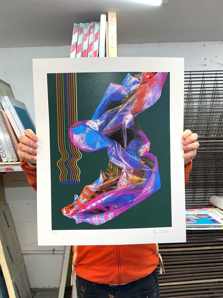 5-colour screenprint, copper and cyan blues, abstract geometric hexagonal crystalline forms