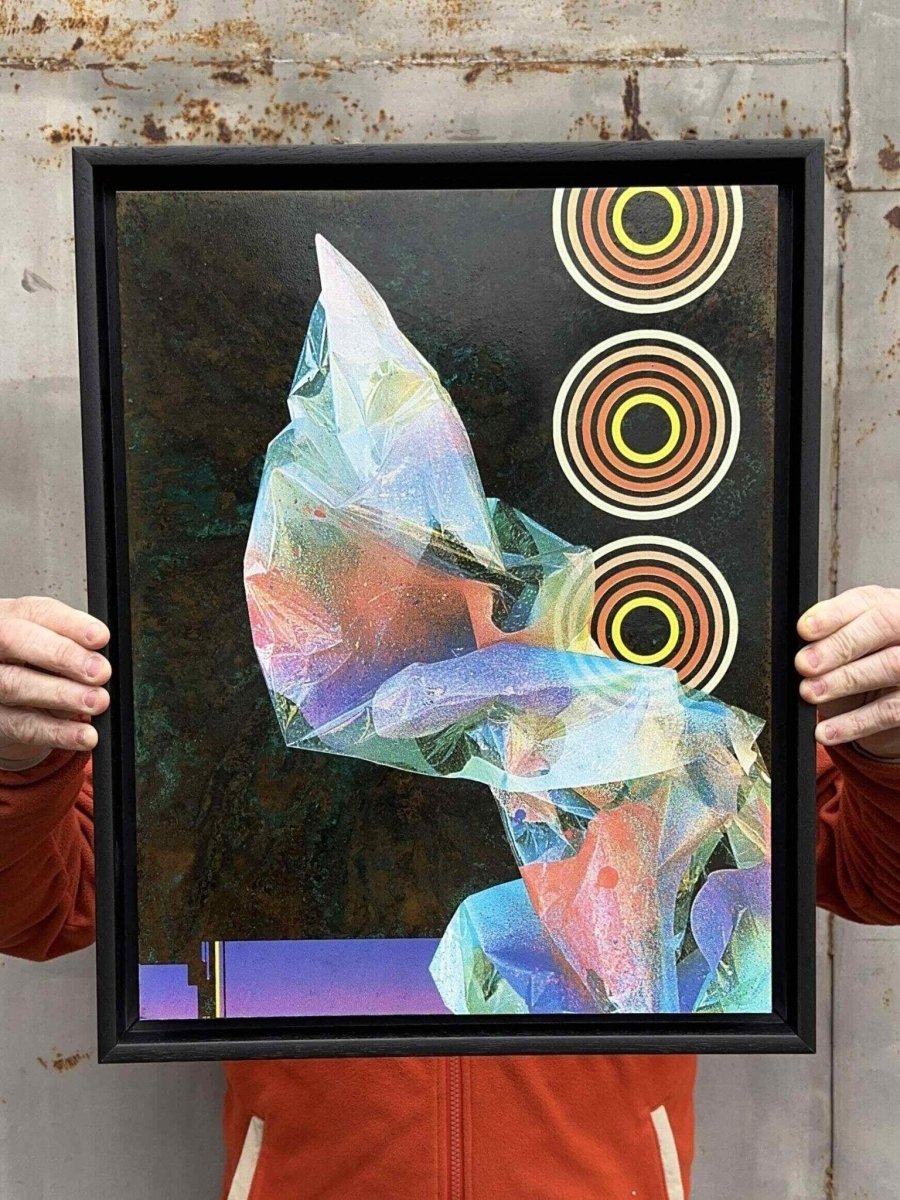 5-colour screenprint, copper and cyan blues, abstract geometric hexagonal crystalline forms