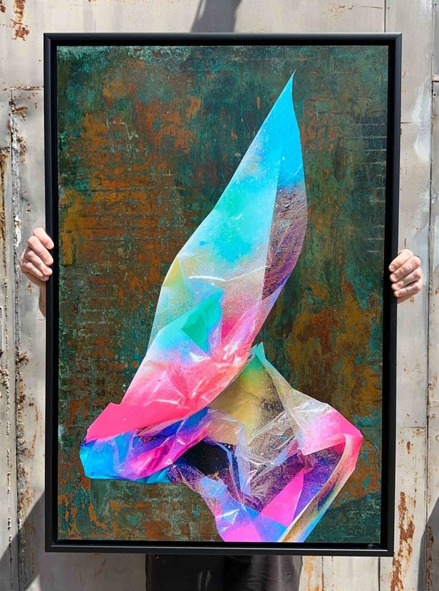 Multi-colour screenprint, pink purple blue cyan, geometric abstraction on oxidised copper verdigris background