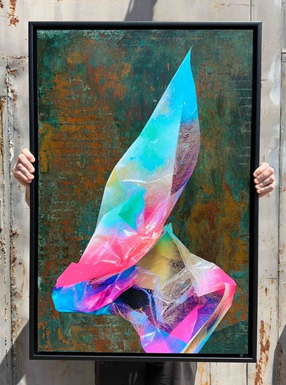 Multi-colour screenprint, pink purple blue cyan, geometric abstraction on oxidised copper verdigris background