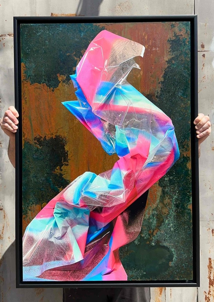 Multi-colour screenprint, pink purple blue cyan, geometric abstraction on oxidised copper verdigris background