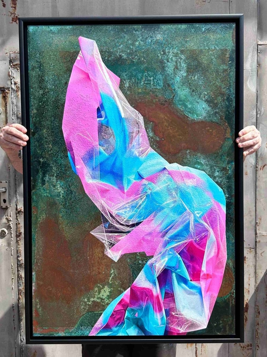 Multi-colour screenprint, pink purple blue cyan, geometric abstraction on oxidised copper verdigris background