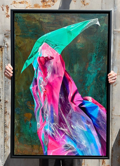 Multi-colour screenprint, pink purple blue cyan, geometric abstraction on oxidised copper verdigris background