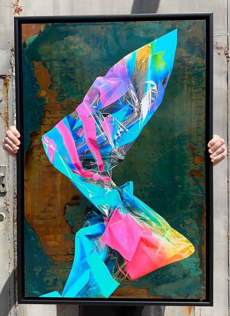 Multi-colour screenprint, pink purple blue cyan, geometric abstraction on oxidised copper verdigris background