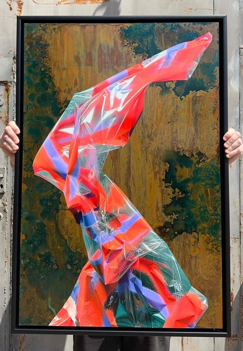 Multi-colour screenprint, pink purple blue cyan, geometric abstraction on oxidised copper verdigris background
