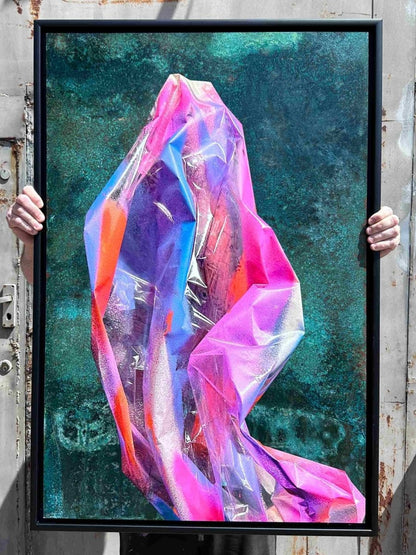 Multi-colour screenprint, pink purple blue cyan, geometric abstraction on oxidised copper verdigris background