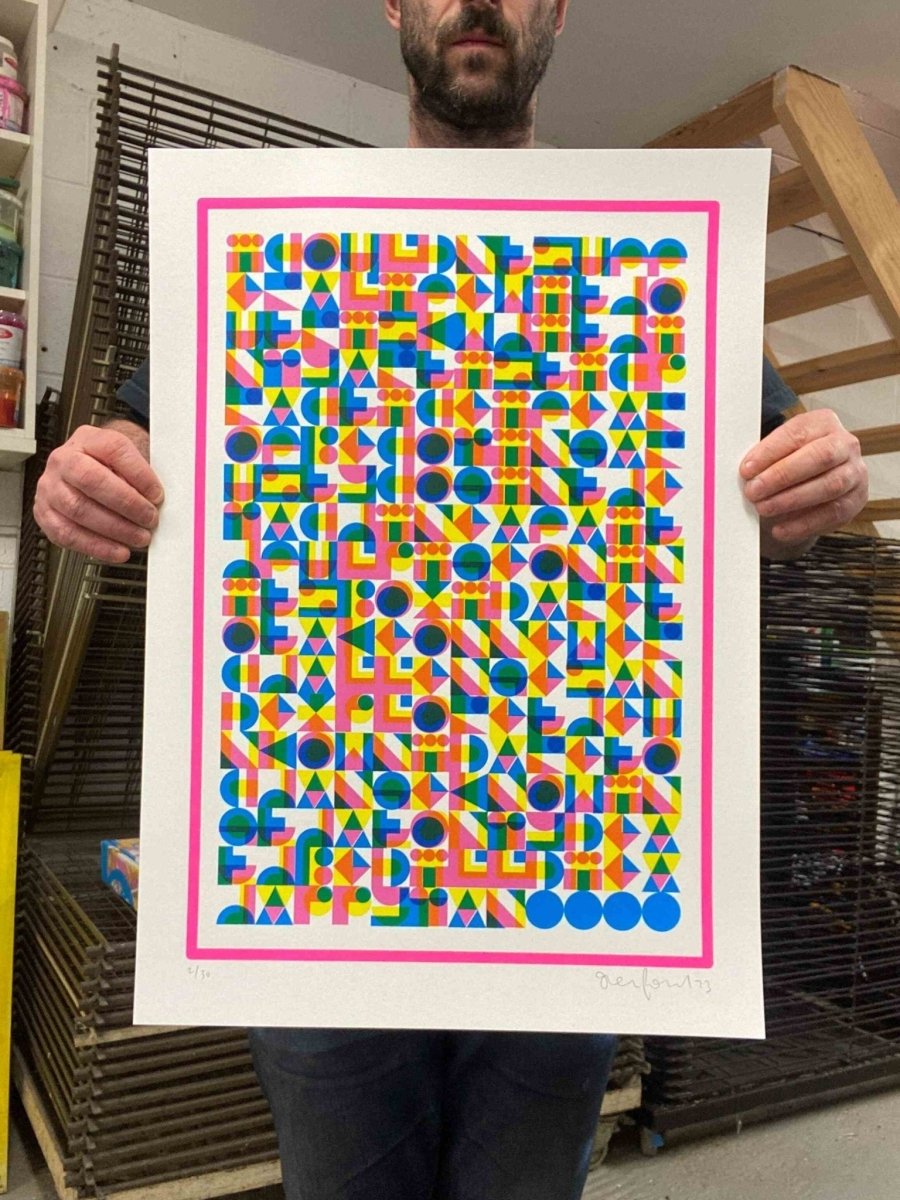 4-colour screenprint, yellow, pink and blue geometric hidden typography, edition of 60, white paper