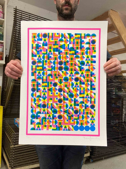 4-colour screenprint, yellow, pink and blue geometric hidden typography, edition of 60, white paper
