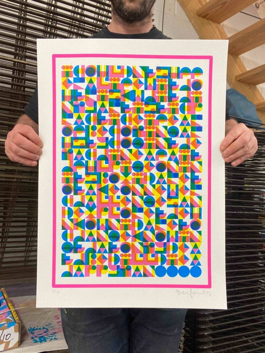 4-colour screenprint, yellow, pink and blue geometric hidden typography, edition of 60, white paper