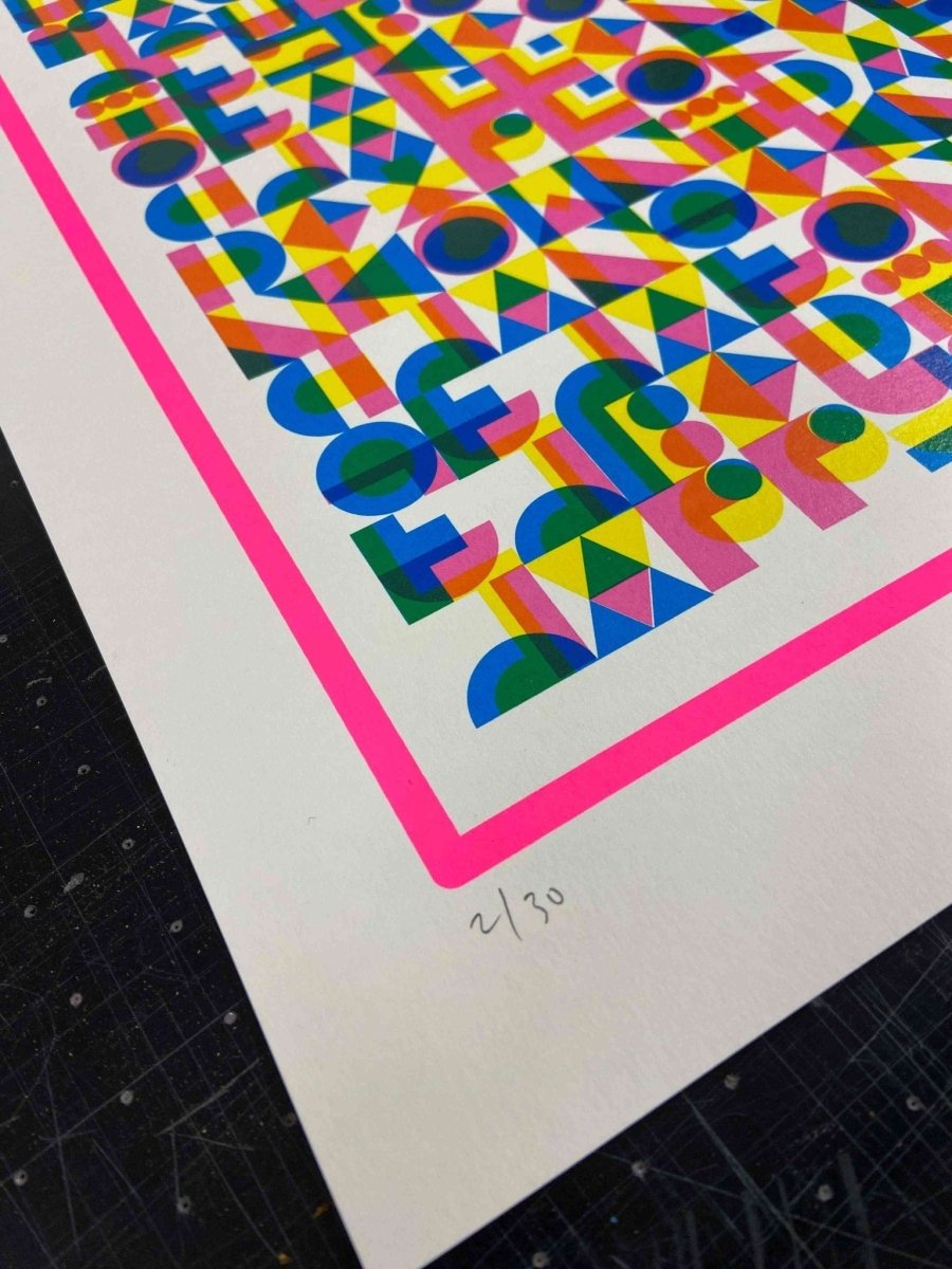 4-colour screenprint, yellow, pink and blue geometric hidden typography, edition of 60, white paper