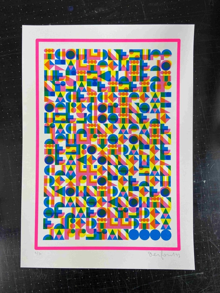 4-colour screenprint, yellow, pink and blue geometric hidden typography, edition of 60, white paper