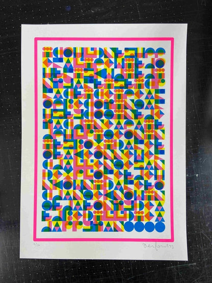 4-colour screenprint, yellow, pink and blue geometric hidden typography, edition of 60, white paper