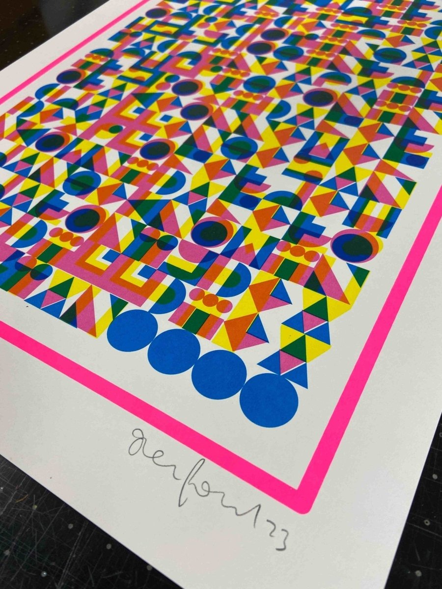 4-colour screenprint, yellow, pink and blue geometric hidden typography, edition of 60, white paper