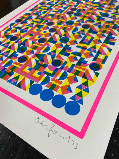 4-colour screenprint, yellow, pink and blue geometric hidden typography, edition of 60, white paper