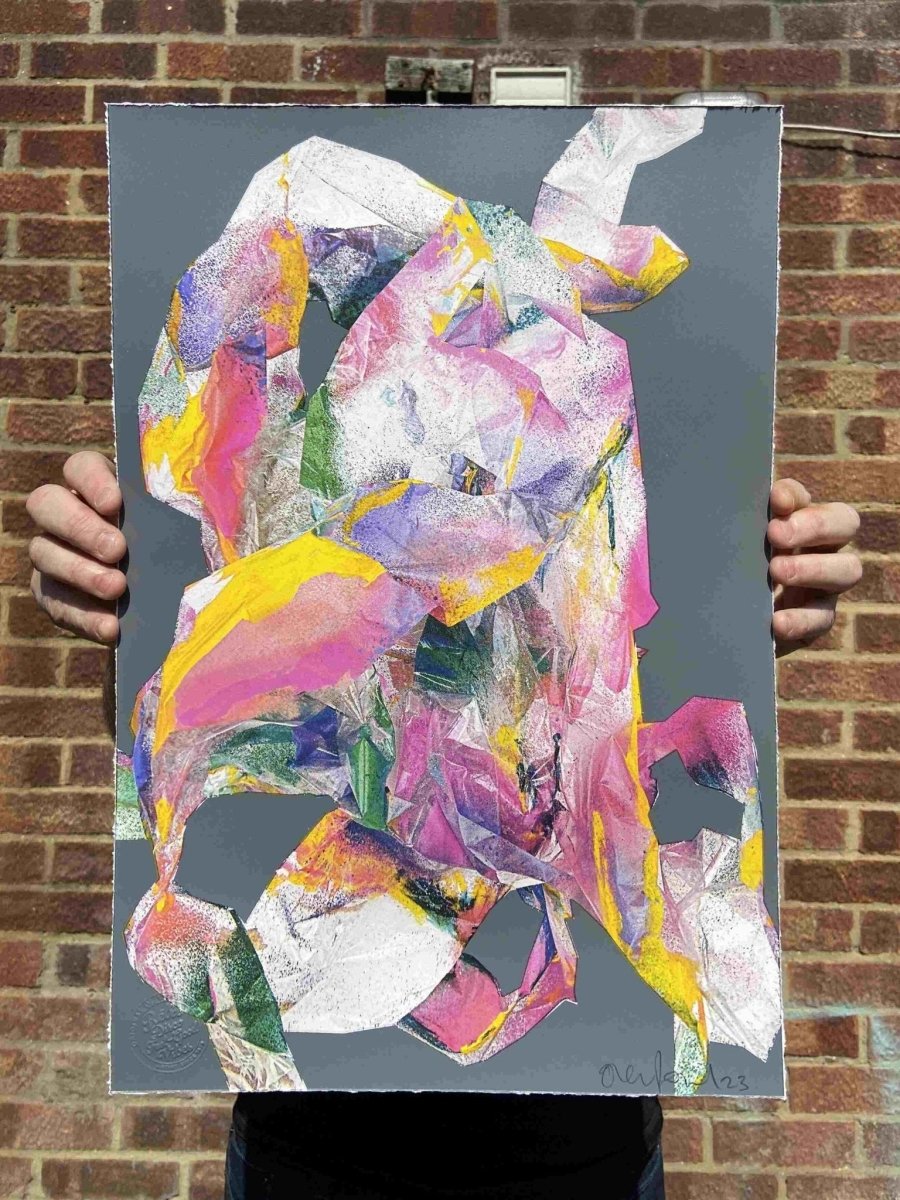 Multi-colour screenprint, pink purple yellow, abstract rabbit with loose gestural marks on grey stock