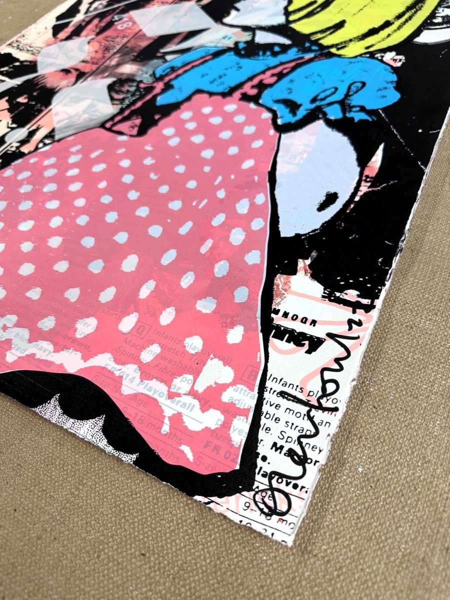 Multi-colour screenprint, yellow, pink and blue, blonde girl in polka dot dress with newsprint collage