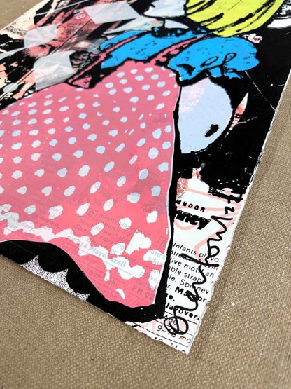 Multi-colour screenprint, yellow, pink and blue, blonde girl in polka dot dress with newsprint collage