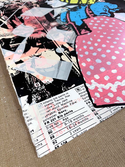 Multi-colour screenprint, yellow, pink and blue, blonde girl in polka dot dress with newsprint collage