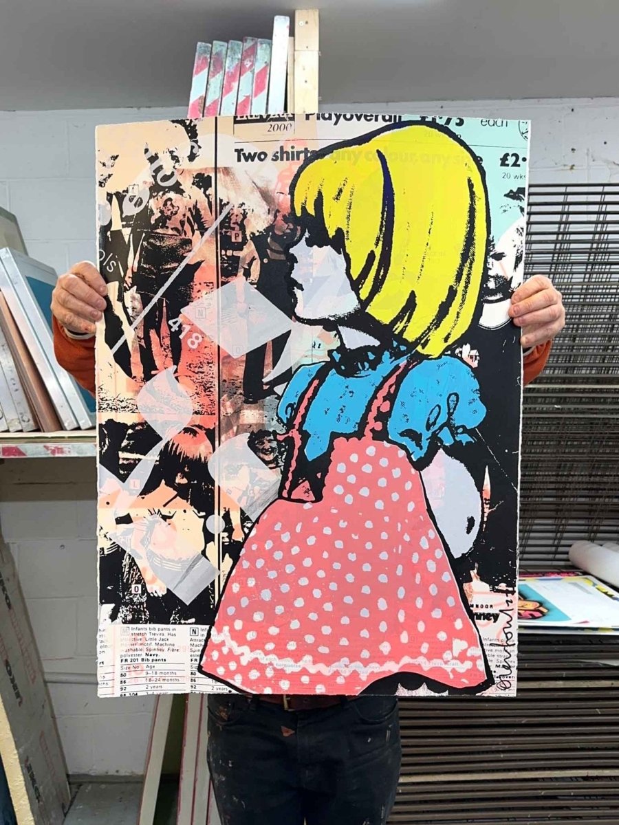 Multi-colour screenprint, yellow, pink and blue, blonde girl in polka dot dress with newsprint collage