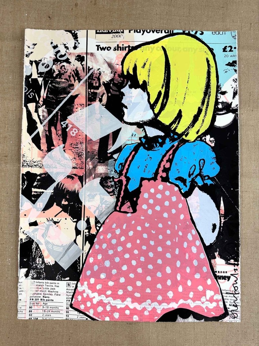 Multi-colour screenprint, yellow, pink and blue, blonde girl in polka dot dress with newsprint collage