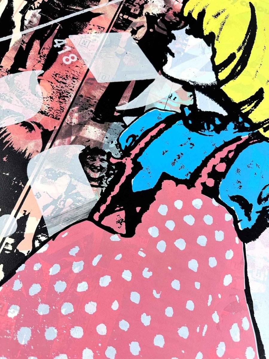 Multi-colour screenprint, yellow, pink and blue, blonde girl in polka dot dress with newsprint collage