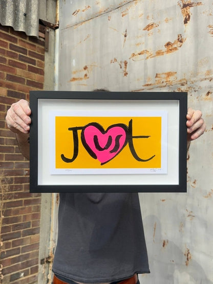 3-colour hand-pulled screenprint, yellow, pink and black, 'Just' with heart motif, edition of 100