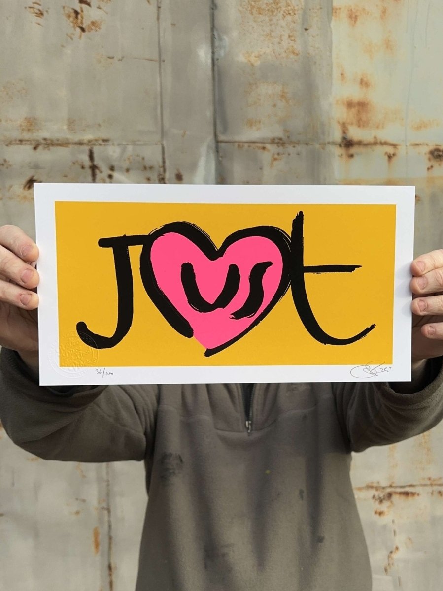3-colour hand-pulled screenprint, yellow, pink and black, 'Just' with heart motif, edition of 100
